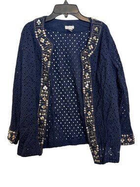 Chicos Navy Eyelet Open Cardigan With Beaded Trim & 3/4 Sleeves
